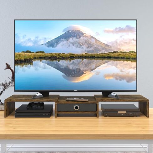 حامل شاشة مزدوج من WESTREE مع درج، وحامل شاشة كمبيوتر بثلاثة أرفف مع طول وزاوية قابلة للتعديل، ومنظم تخزين حامل شاشة سطح المكتب لشاشتين in Kuwait