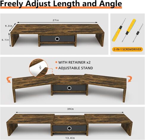 حامل شاشة مزدوج من WESTREE مع درج، وحامل شاشة كمبيوتر بثلاثة أرفف مع طول وزاوية قابلة للتعديل، ومنظم تخزين حامل شاشة سطح المكتب لشاشتين in Kuwait