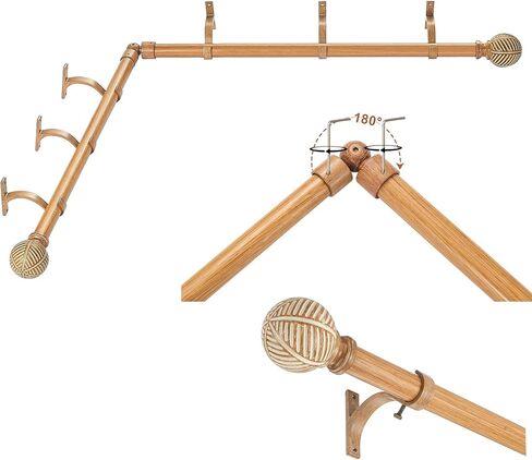 قضبان ستائر نافذة الخليج مع أقواس ألومنيوم ونهايات نمط أوراق الحبوب الخشبية المقلدة، قضبان ستائر منحنية مقاس 1 بوصة للنوافذ 36-72 و36-72 بوصة، قضيب ستارة خشبي متداخل، حبوب ستائر خشبية بنية in Kuwait