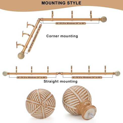 قضبان ستائر نافذة الخليج مع أقواس ألومنيوم ونهايات نمط أوراق الحبوب الخشبية المقلدة، قضبان ستائر منحنية مقاس 1 بوصة للنوافذ 36-72 و36-72 بوصة، قضيب ستارة خشبي متداخل، حبوب ستائر خشبية بنية in Kuwait