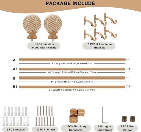 قضبان ستائر نافذة الخليج مع أقواس ألومنيوم ونهايات نمط أوراق الحبوب الخشبية المقلدة، قضبان ستائر منحنية مقاس 1 بوصة للنوافذ 36-72 و36-72 بوصة، قضيب ستارة خشبي متداخل، حبوب ستائر خشبية بنية in Kuwait
