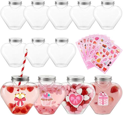 12 Pcs Valentine's Day Heart Shaped Cups with Lids and Straws and Stickers Plastic Heart Drink Bottle Clear Drinking Cocktail Cups for Valentines Heart Beverage Drink Bottle Party Supplies in Kuwait