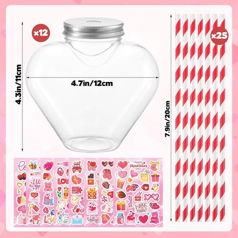 12 Pcs Valentine's Day Heart Shaped Cups with Lids and Straws and Stickers Plastic Heart Drink Bottle Clear Drinking Cocktail Cups for Valentines Heart Beverage Drink Bottle Party Supplies in Kuwait