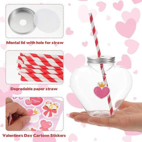 12 Pcs Valentine's Day Heart Shaped Cups with Lids and Straws and Stickers Plastic Heart Drink Bottle Clear Drinking Cocktail Cups for Valentines Heart Beverage Drink Bottle Party Supplies in Kuwait