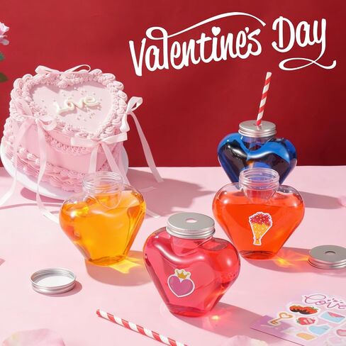 12 Pcs Valentine's Day Heart Shaped Cups with Lids and Straws and Stickers Plastic Heart Drink Bottle Clear Drinking Cocktail Cups for Valentines Heart Beverage Drink Bottle Party Supplies in Kuwait