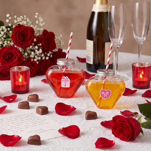 12 Pcs Valentine's Day Heart Shaped Cups with Lids and Straws and Stickers Plastic Heart Drink Bottle Clear Drinking Cocktail Cups for Valentines Heart Beverage Drink Bottle Party Supplies in Kuwait