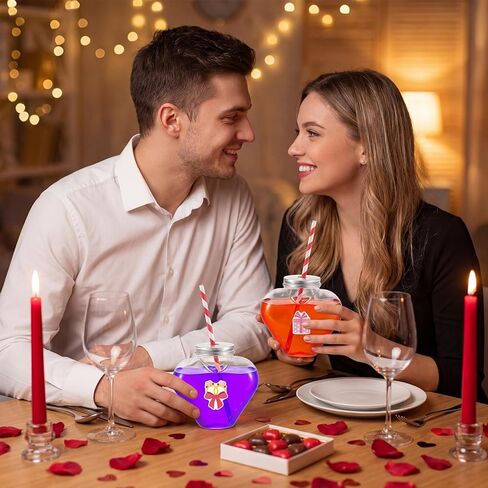 12 Pcs Valentine's Day Heart Shaped Cups with Lids and Straws and Stickers Plastic Heart Drink Bottle Clear Drinking Cocktail Cups for Valentines Heart Beverage Drink Bottle Party Supplies in Kuwait