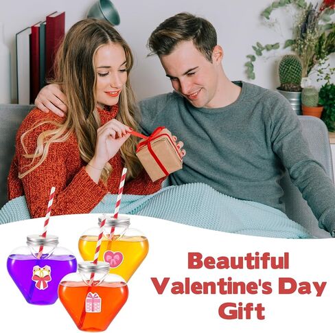 12 Pcs Valentine's Day Heart Shaped Cups with Lids and Straws and Stickers Plastic Heart Drink Bottle Clear Drinking Cocktail Cups for Valentines Heart Beverage Drink Bottle Party Supplies in Kuwait