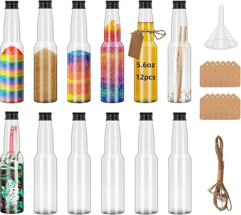 6Pcs Thin height 5.6oz Plastic Sand Art empty Bottles with Black metal seal cover Wish Message Bottle Containers Clear Potion Bottles with Plastic Funnels for DIY Craft Wedding Birthday Party (6) in Saudi Arabia
