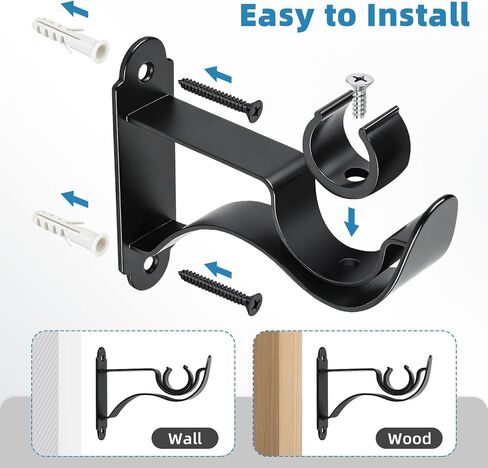 4 Pack Curtain Rod Bracket, Heavy Duty Curtain Rod Holder Hook for Wall, Black Drapery Rod Support Brackets for 1 in Drape Poles in Saudi Arabia