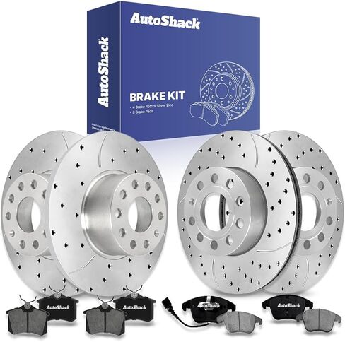 دوارات الفرامل المطلية بالزنك الفضية ذات فتحات تهوية أمامية وخلفية من AutoShack + وسادات سيراميك بديلة لمجموعة فرامل 12 قطعة لـ 2012-2018 Volkswagen Jetta 2011-2013 Audi A3 SilverShield Pro in Kuwait