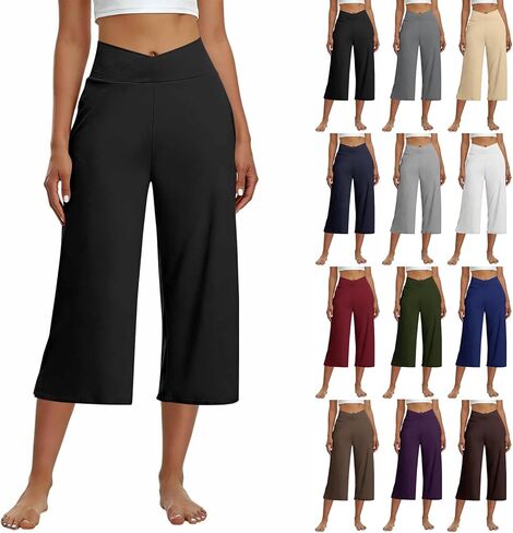 Capri Pants for Women Casual Wide Leg Yoga Pants Crossover Capri Leggings with Pockets High Waist Dress Pant in Saudi Arabia