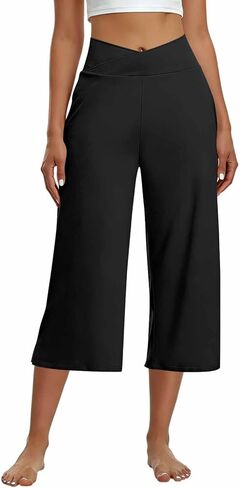 Capri Pants for Women Casual Wide Leg Yoga Pants Crossover Capri Leggings with Pockets High Waist Dress Pant in Saudi Arabia