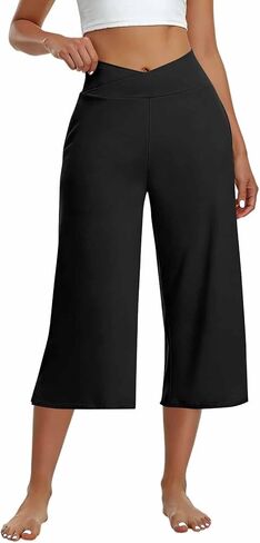 Capri Pants for Women Casual Wide Leg Yoga Pants Crossover Capri Leggings with Pockets High Waist Dress Pant in Saudi Arabia