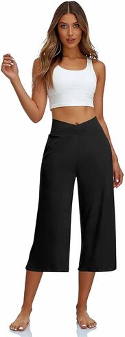Capri Pants for Women Casual Wide Leg Yoga Pants Crossover Capri Leggings with Pockets High Waist Dress Pant in Saudi Arabia