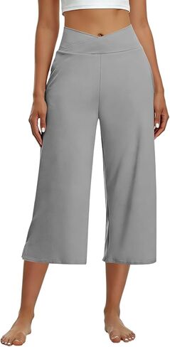 Capri Pants for Women Casual Wide Leg Yoga Pants Crossover Capri Leggings with Pockets High Waist Dress Pant in Saudi Arabia