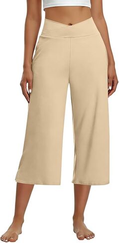 Capri Pants for Women Casual Wide Leg Yoga Pants Crossover Capri Leggings with Pockets High Waist Dress Pant in Saudi Arabia