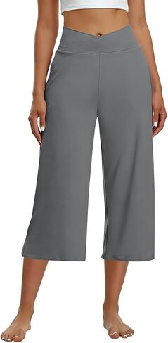 Capri Pants for Women Casual Wide Leg Yoga Pants Crossover Capri Leggings with Pockets High Waist Dress Pant in Saudi Arabia