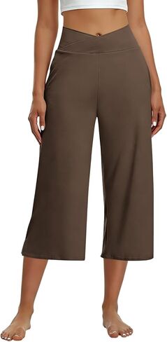 Capri Pants for Women Casual Wide Leg Yoga Pants Crossover Capri Leggings with Pockets High Waist Dress Pant in Saudi Arabia