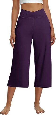 Capri Pants for Women Casual Wide Leg Yoga Pants Crossover Capri Leggings with Pockets High Waist Dress Pant in Saudi Arabia