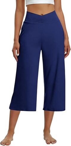 Capri Pants for Women Casual Wide Leg Yoga Pants Crossover Capri Leggings with Pockets High Waist Dress Pant in Saudi Arabia