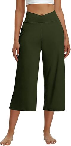 Capri Pants for Women Casual Wide Leg Yoga Pants Crossover Capri Leggings with Pockets High Waist Dress Pant in Saudi Arabia