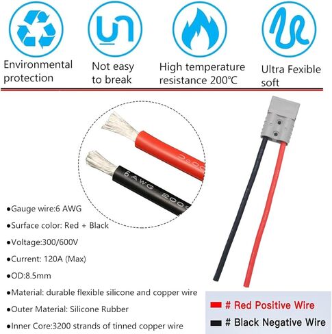 موصل بطارية 120 أمبير 600 فولت (مجموعتان)، موصل بطارية سريع التوصيل، مع كابل بطارية 25 سم 6 AWG، للسيارة، والمنزل المتنقل، والقافلة، والتخييم، والقارب (رمادي) in Kuwait