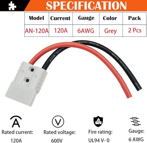 موصل بطارية 120 أمبير 600 فولت (مجموعتان)، موصل بطارية سريع التوصيل، مع كابل بطارية 25 سم 6 AWG، للسيارة، والمنزل المتنقل، والقافلة، والتخييم، والقارب (رمادي) in Kuwait
