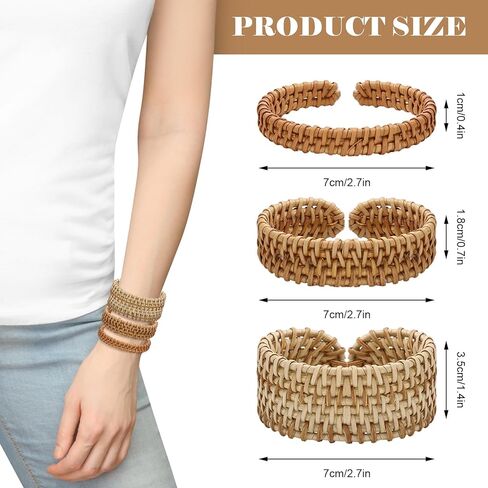 JarThenaAMCS 3 Pcs Rattan Bracelet Boho Handwoven Wooden Braided Open Cuff Bangle Bracelet Adjustable Wrap Bangle for Summer Women Wrist Jewelry in Saudi Arabia