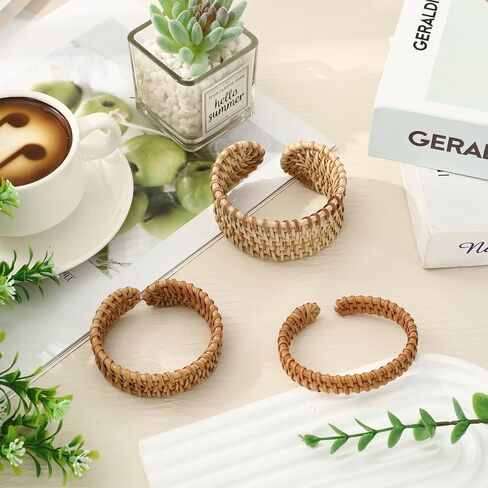 JarThenaAMCS 3 Pcs Rattan Bracelet Boho Handwoven Wooden Braided Open Cuff Bangle Bracelet Adjustable Wrap Bangle for Summer Women Wrist Jewelry in Saudi Arabia