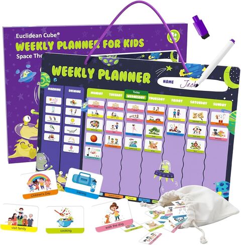 مخطط أسبوعي للأطفال - تقويم لوحة السلوك المغناطيسي مع 237 مغناطيسًا وحقيبة تخزين وسلك وقلم - الروتين اليومي ومخطط المهام - جدول مرئي للأطفال بعمر 3 سنوات فما فوق (موضوع الفضاء) in Kuwait