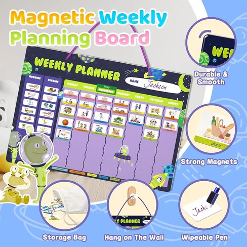 مخطط أسبوعي للأطفال - تقويم لوحة السلوك المغناطيسي مع 237 مغناطيسًا وحقيبة تخزين وسلك وقلم - الروتين اليومي ومخطط المهام - جدول مرئي للأطفال بعمر 3 سنوات فما فوق (موضوع الفضاء) in Kuwait