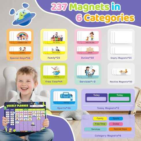 مخطط أسبوعي للأطفال - تقويم لوحة السلوك المغناطيسي مع 237 مغناطيسًا وحقيبة تخزين وسلك وقلم - الروتين اليومي ومخطط المهام - جدول مرئي للأطفال بعمر 3 سنوات فما فوق (موضوع الفضاء) in Kuwait