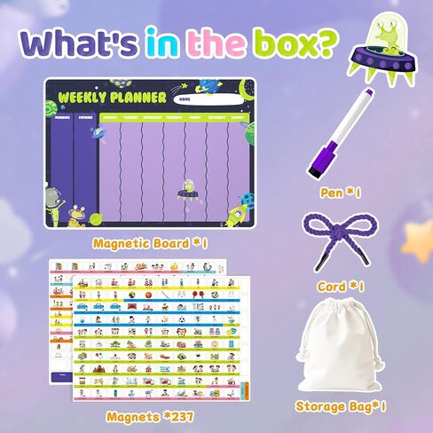 مخطط أسبوعي للأطفال - تقويم لوحة السلوك المغناطيسي مع 237 مغناطيسًا وحقيبة تخزين وسلك وقلم - الروتين اليومي ومخطط المهام - جدول مرئي للأطفال بعمر 3 سنوات فما فوق (موضوع الفضاء) in Kuwait