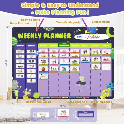 مخطط أسبوعي للأطفال - تقويم لوحة السلوك المغناطيسي مع 237 مغناطيسًا وحقيبة تخزين وسلك وقلم - الروتين اليومي ومخطط المهام - جدول مرئي للأطفال بعمر 3 سنوات فما فوق (موضوع الفضاء) in Kuwait