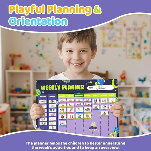 مخطط أسبوعي للأطفال - تقويم لوحة السلوك المغناطيسي مع 237 مغناطيسًا وحقيبة تخزين وسلك وقلم - الروتين اليومي ومخطط المهام - جدول مرئي للأطفال بعمر 3 سنوات فما فوق (موضوع الفضاء) in Kuwait