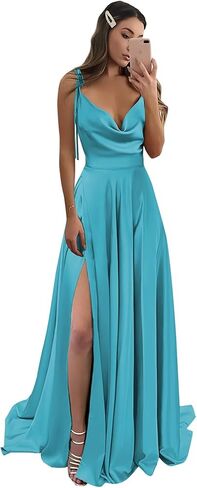 Monvelli Cowl Neck Satin Bridesmaid Dresses Long with Slit Spaghetti Straps Formal Prom Evening Gowns with Pockets in Saudi Arabia
