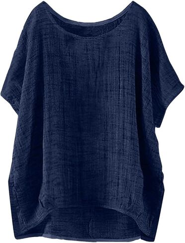 بلوزات نسائية من الكتان من Betadog بأكمام قصيرة ورقبة دائرية من القطن والكتان ملابس علوية لكبار السن مقاس كبير من الشاش قمصان غير رسمية in Kuwait