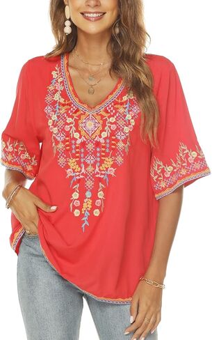 AK Women's V Neck Casual Summer Blouse, Boho Embroidered Mexican Peasant Tops Short Sleeve Shirts Casual Blouse Loose Tunics in Saudi Arabia