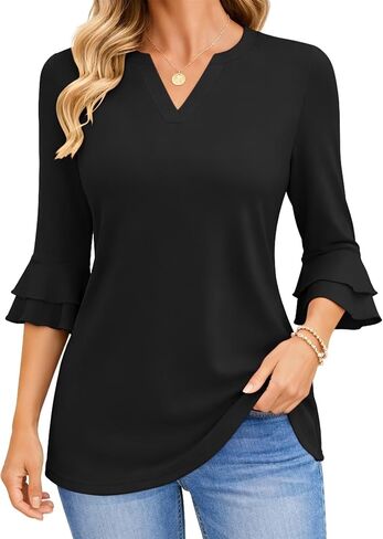 بلوزات حريمي KKJ للصيف والربيع 3/4 بأكمام على شكل جرس 2026 تي شيرت غير رسمي للأعمال برقبة على شكل حرف V ملابس تونك عصرية وأنيقة in Kuwait