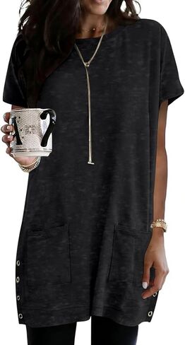 Naggoo الصيف المرأة تونك القمم لطماق مع جيوب أزرار الجانب سبليت قصيرة الأكمام عادية طويلة تي شيرت S-3XL in Kuwait