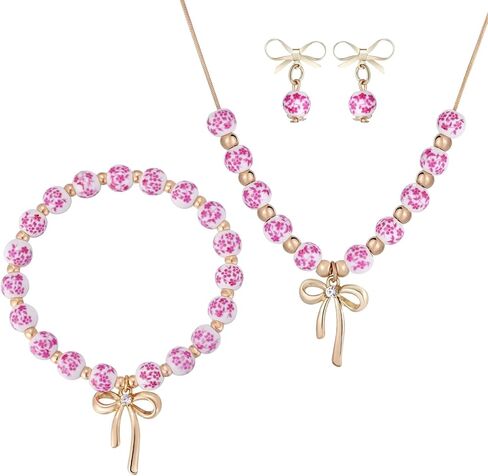 Kvekstio Vintage Porcelain Jewelry Set for Women, Blue Pink Floral Ceramic Beaded Bracelet & Necklace for Birthday Wedding in Kuwait