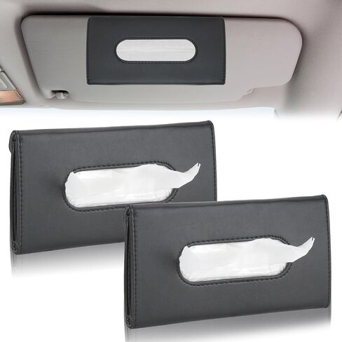 WRENYZK قطعتان من حامل مناديل السيارة، حافظة مناديل السيارة من جلد البولي يوريثان الفاخر، مشبك منشفة ورقية للتعليق، حامل صندوق مناديل مستطيل، حامل قناع السيارة للمركبة الواقية من الشمس، سهل الاستخدام (أسود) in Kuwait