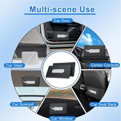 WRENYZK قطعتان من حامل مناديل السيارة، حافظة مناديل السيارة من جلد البولي يوريثان الفاخر، مشبك منشفة ورقية للتعليق، حامل صندوق مناديل مستطيل، حامل قناع السيارة للمركبة الواقية من الشمس، سهل الاستخدام (أسود) in Kuwait