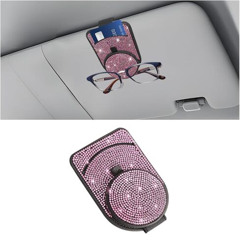 Bling Sunglasses Holder for Car Visor, Genuine Leather Crystal Rhinestone Vehicle Eyeglasses Clip Mount Hanger, Auto Ticket Card Origanizer for Women Girls, Universal Fit (Pink) in Saudi Arabia