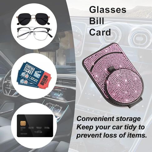 Bling Sunglasses Holder for Car Visor, Genuine Leather Crystal Rhinestone Vehicle Eyeglasses Clip Mount Hanger, Auto Ticket Card Origanizer for Women Girls, Universal Fit (Pink) in Saudi Arabia