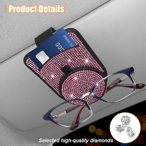 Bling Sunglasses Holder for Car Visor, Genuine Leather Crystal Rhinestone Vehicle Eyeglasses Clip Mount Hanger, Auto Ticket Card Origanizer for Women Girls, Universal Fit (Pink) in Saudi Arabia