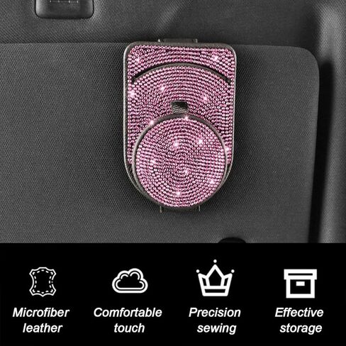 Bling Sunglasses Holder for Car Visor, Genuine Leather Crystal Rhinestone Vehicle Eyeglasses Clip Mount Hanger, Auto Ticket Card Origanizer for Women Girls, Universal Fit (Pink) in Saudi Arabia
