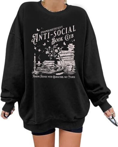 سويت شيرت نسائي من Anti Social Book Club، سويت شيرت مطبوع عليه كتاب المعلم، كنزة صوفية مضحكة كبيرة الحجم in Kuwait
