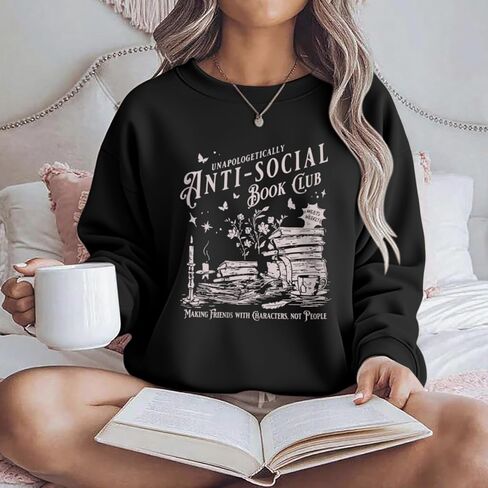 سويت شيرت نسائي من Anti Social Book Club، سويت شيرت مطبوع عليه كتاب المعلم، كنزة صوفية مضحكة كبيرة الحجم in Kuwait